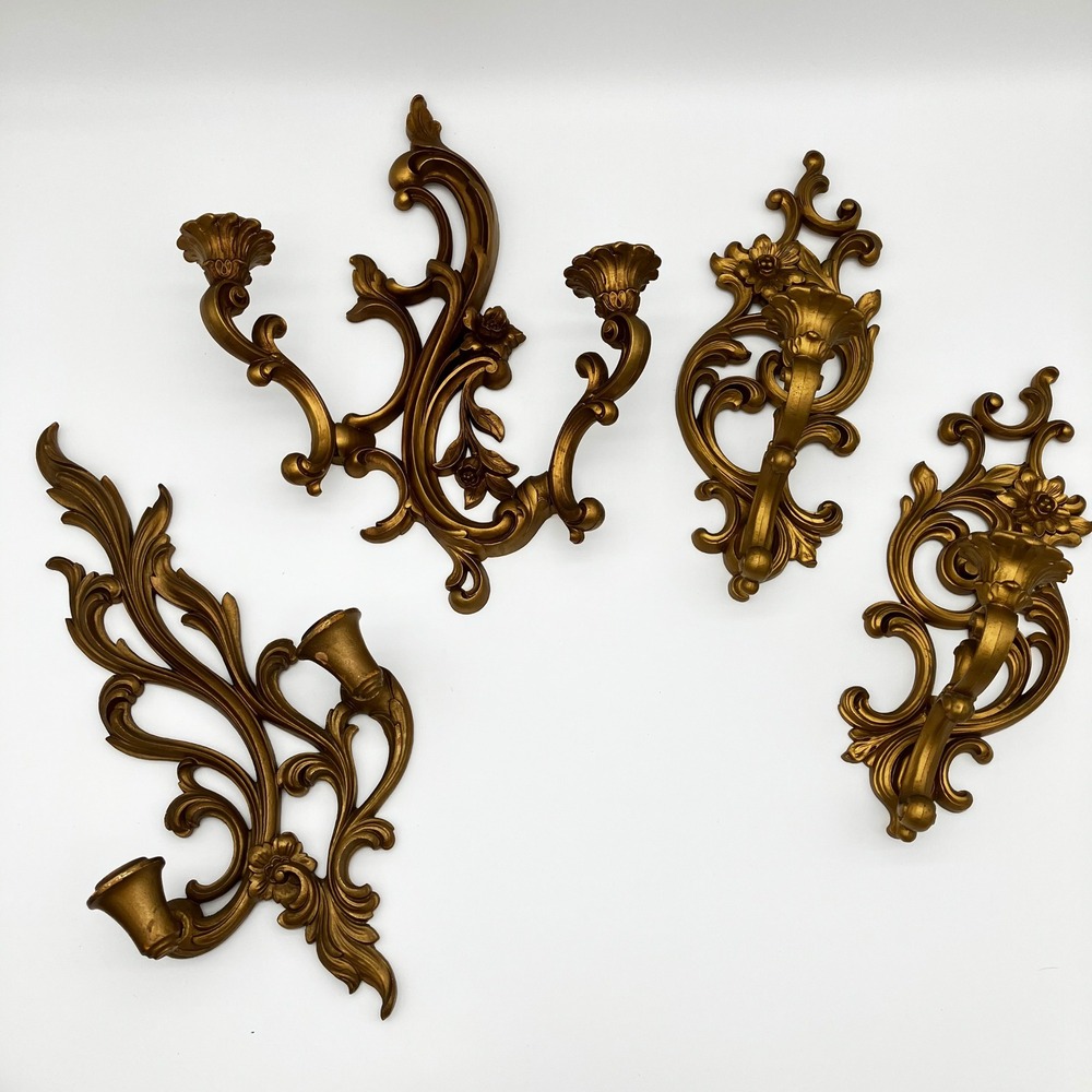 Syroco Dart Wall Sconce Candle Holders 4pc Set Gold Hollywood Regency Vintage